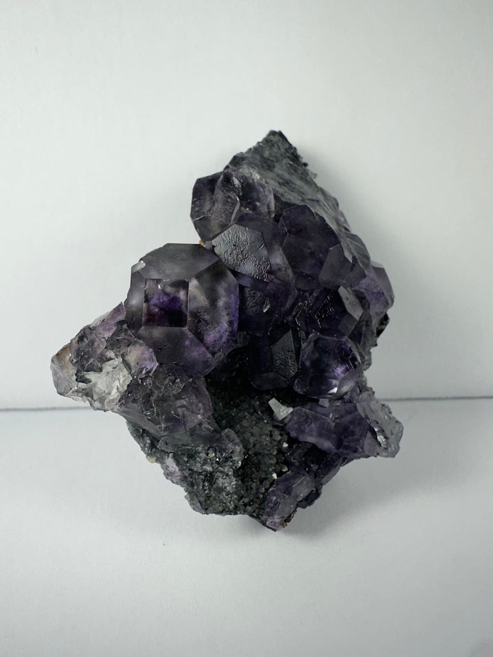Purple fluorite crystals on dark matrix rock, with light calcite areas