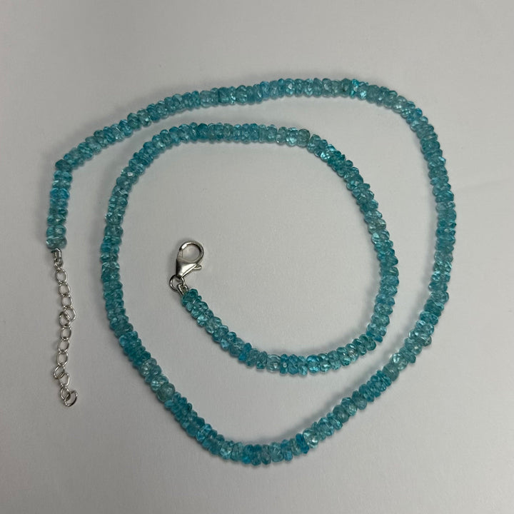Blue apatite bead necklace with silver lobster clasp and extender chain