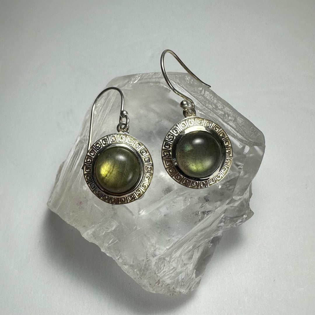 Round labradorite drop earrings with green-gray stones and antique silver circular frames