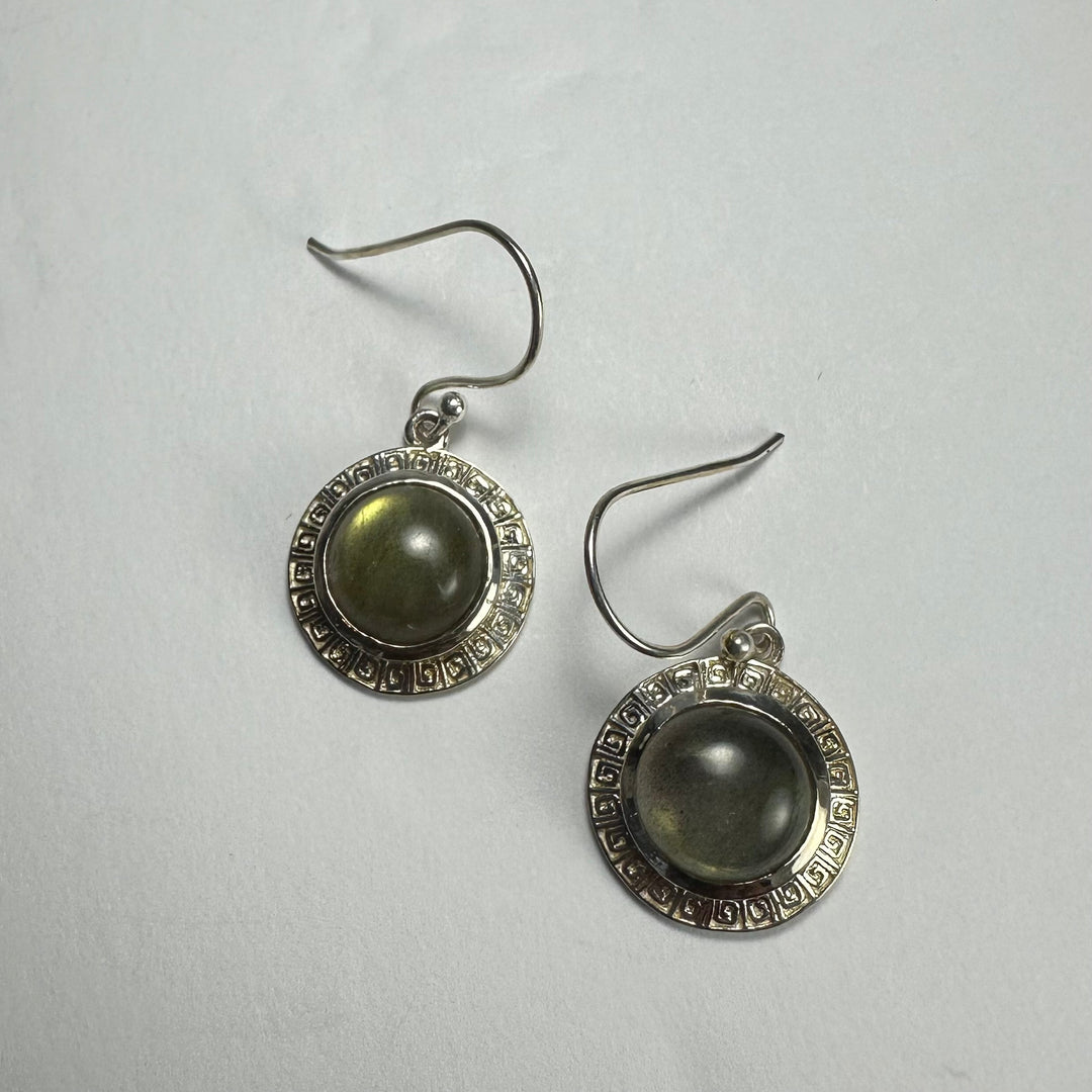 Pair of round labradorite dangle earrings with green-gray cabochons and silver hook backs