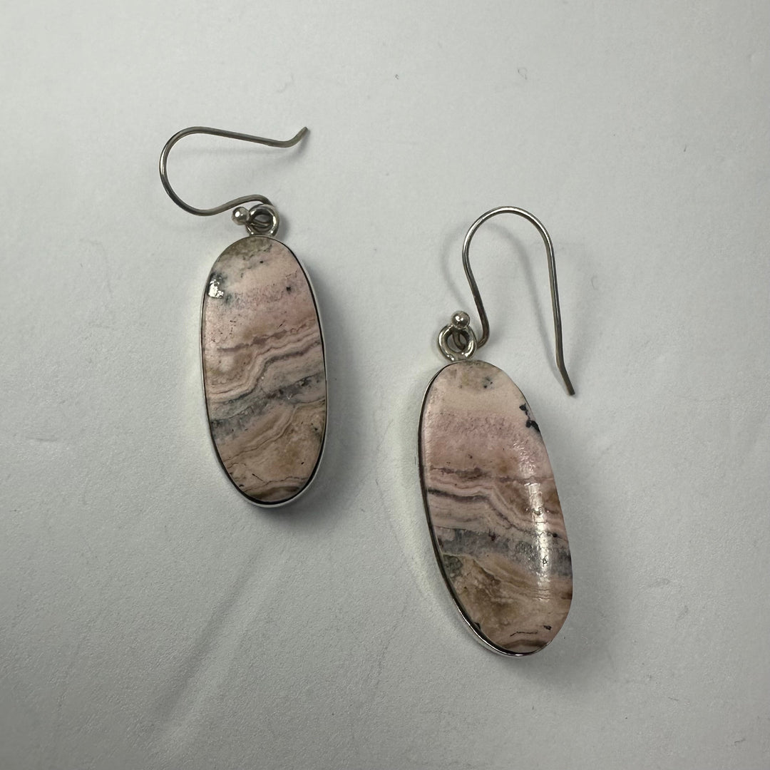 Oval marbled stone dangle earrings with silver hooks, pink with dark banded pattern