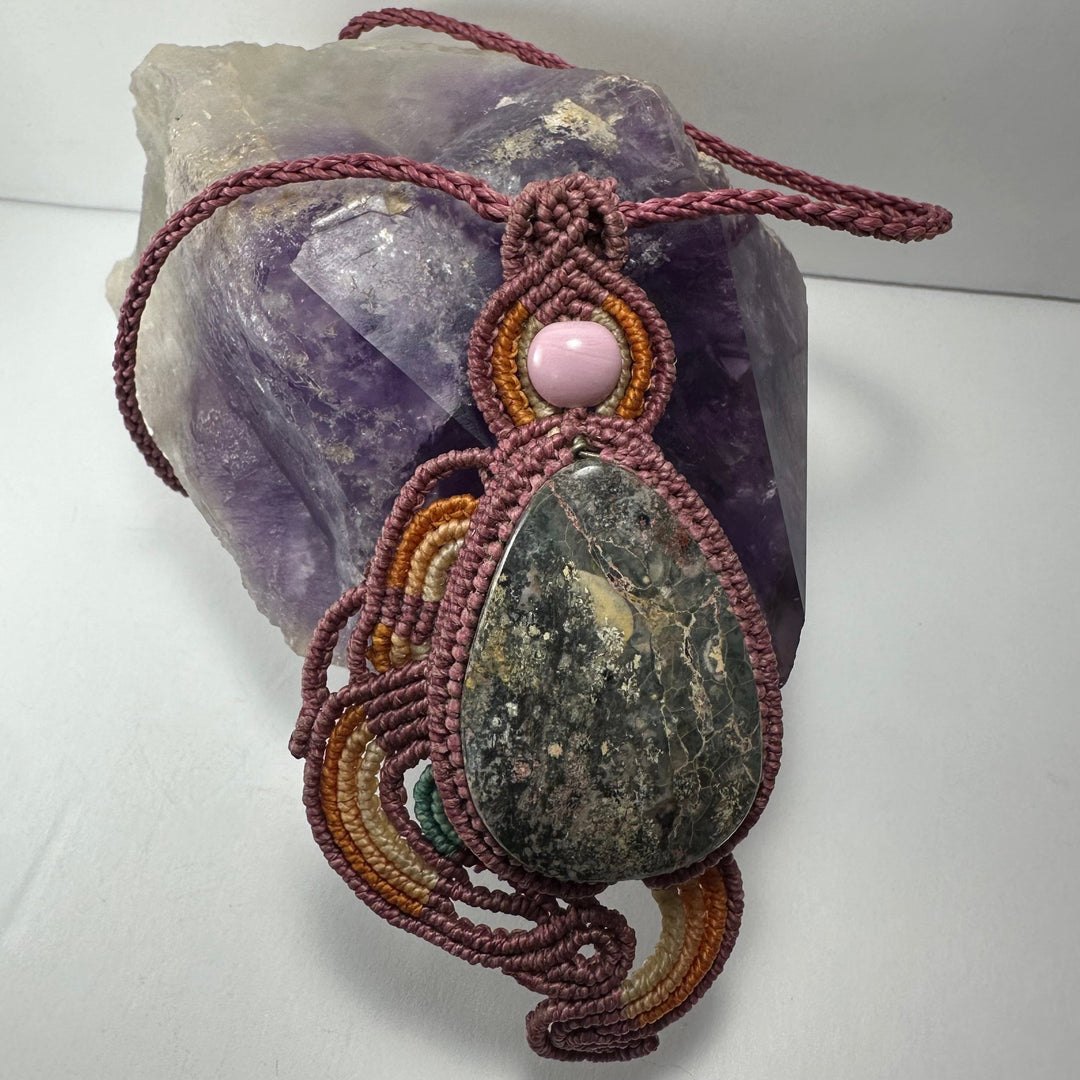 Handmade macrame necklace with burgundy cord, teardrop green stone and pink bead
