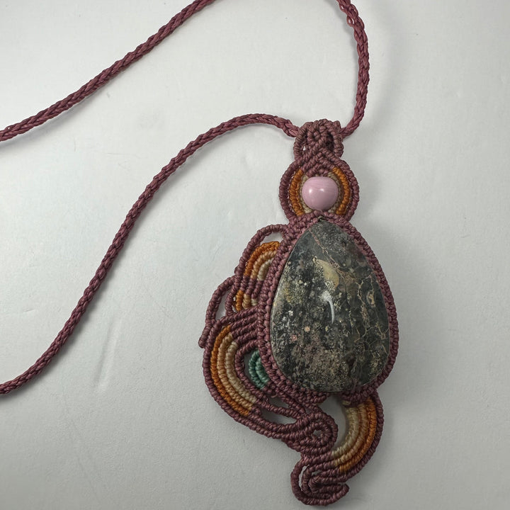 Macrame pendant necklace with burgundy cord, teardrop green stone and lavender-pink bead