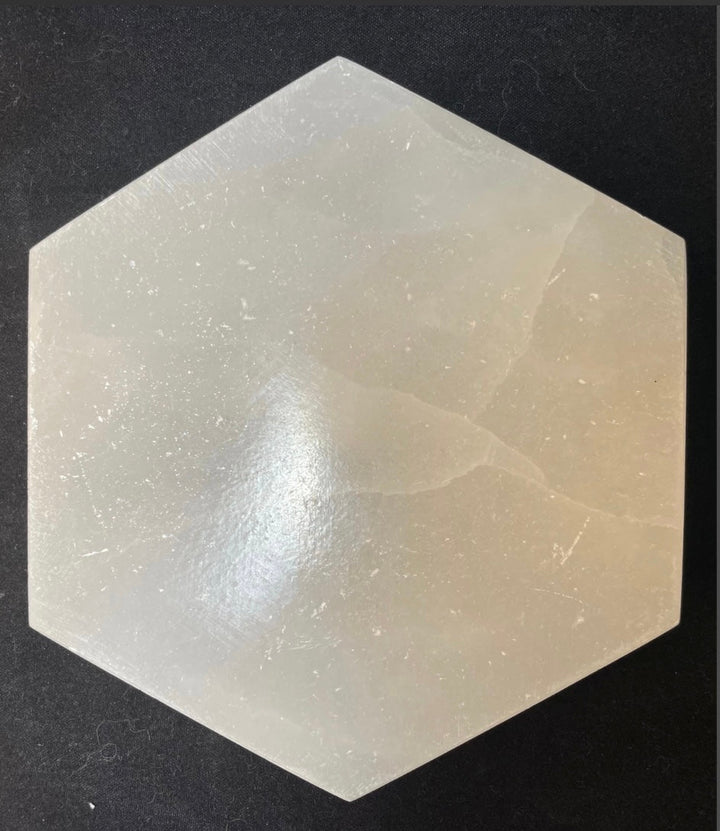 Hexagon selenite crystal charging plate, translucent pale white with subtle veins