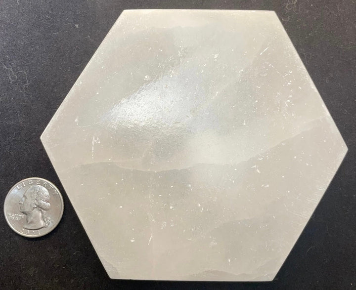 Hexagon selenite crystal charging plate, translucent pale white with smooth facets