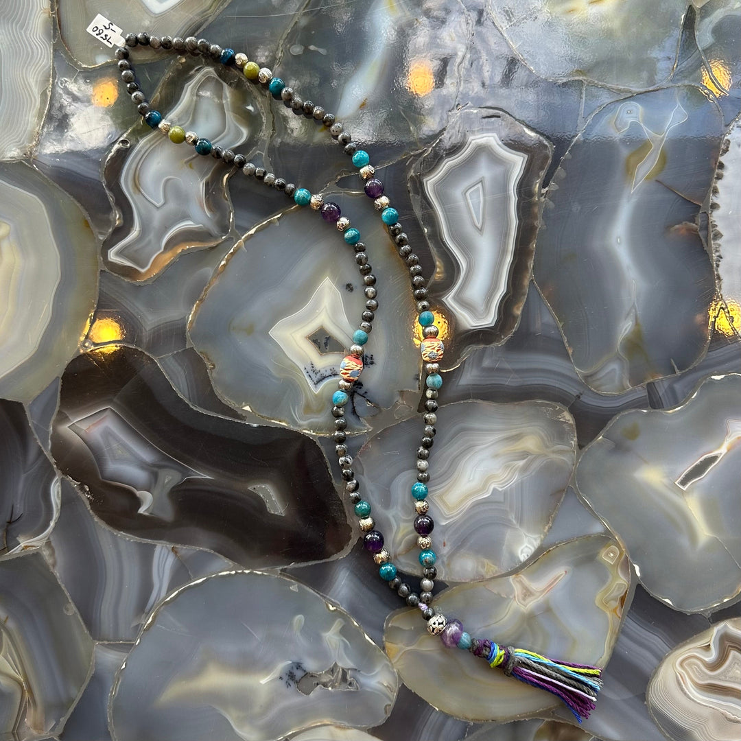 Larvikite mala necklace with mixed stone beads and rainbow tassel