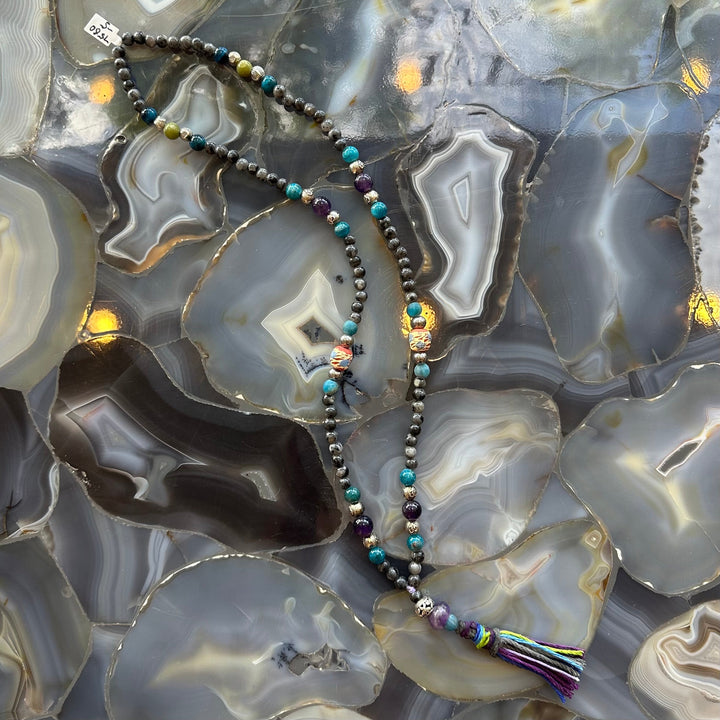 Larvikite mala necklace with mixed stone beads and rainbow tassel
