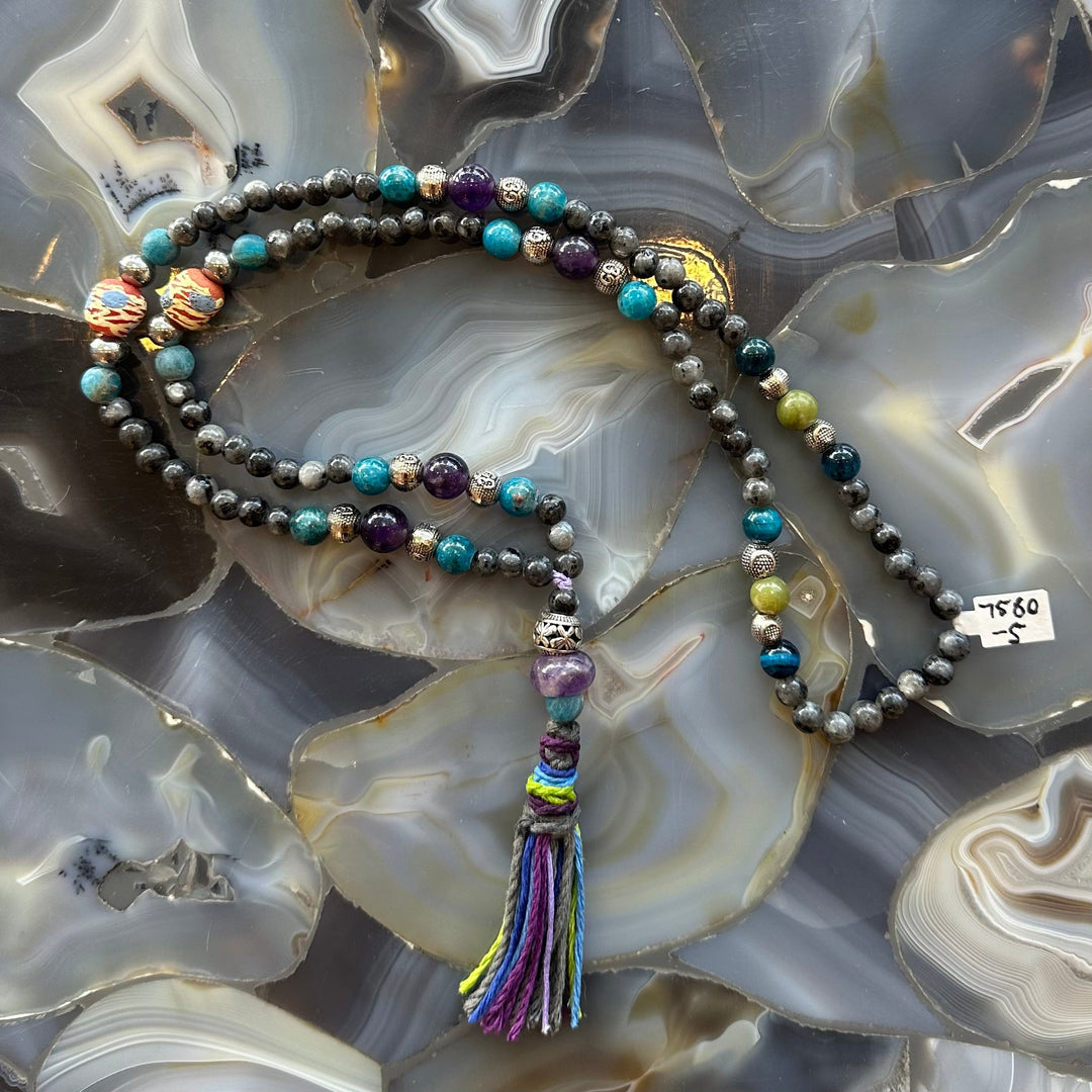 Larvikite mala necklace with long bead strand, colorful tassel, and spacer beads