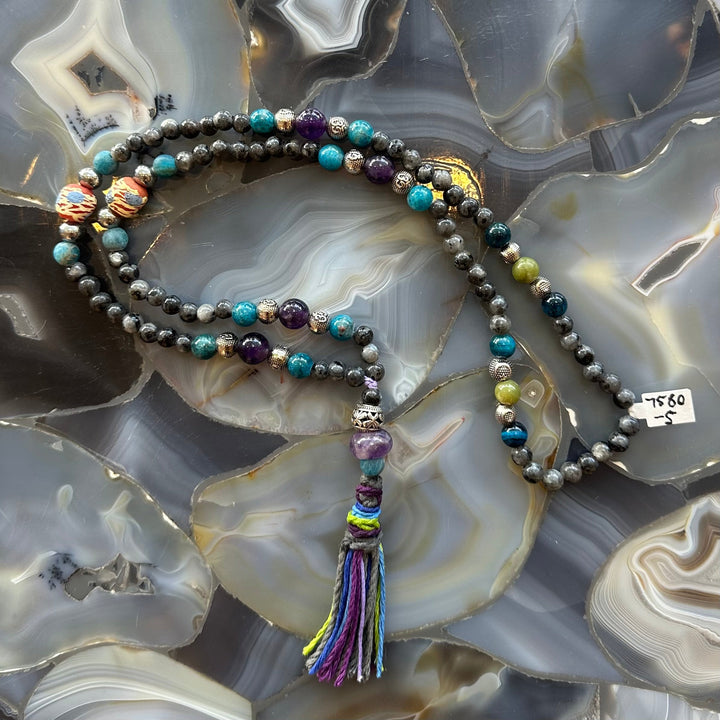 Larvikite mala necklace with long bead strand, colorful tassel, and spacer beads