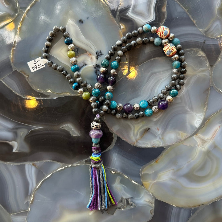 Larvikite mala necklace with turquoise, purple, and gray stone beads plus tassel