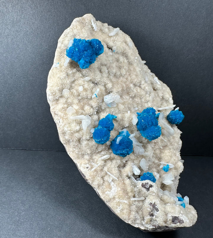 Cavansite and stilbite on pale matrix rock with prominent bright blue crystal clusters