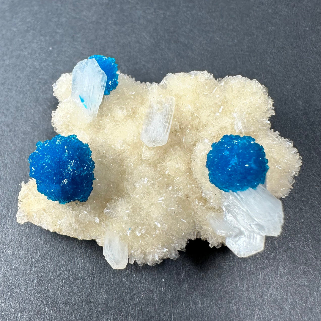 Cavansite and stilbite on beige druzy base with blue crystal clusters and clear points