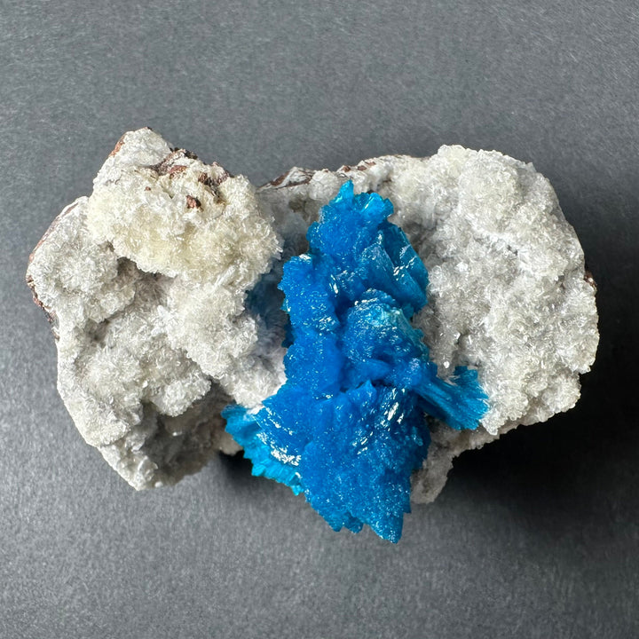 Blue and white mineral crystals on rocky matrix, cavansite with stilbite
