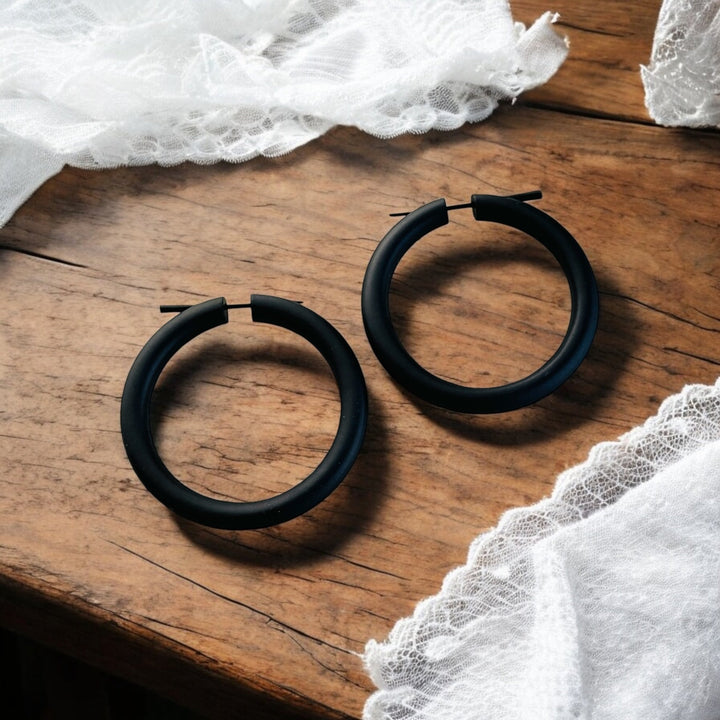 Black Wooden Hoop Earrings Boho Minimalist Lightweight Round Everyday Jewelry