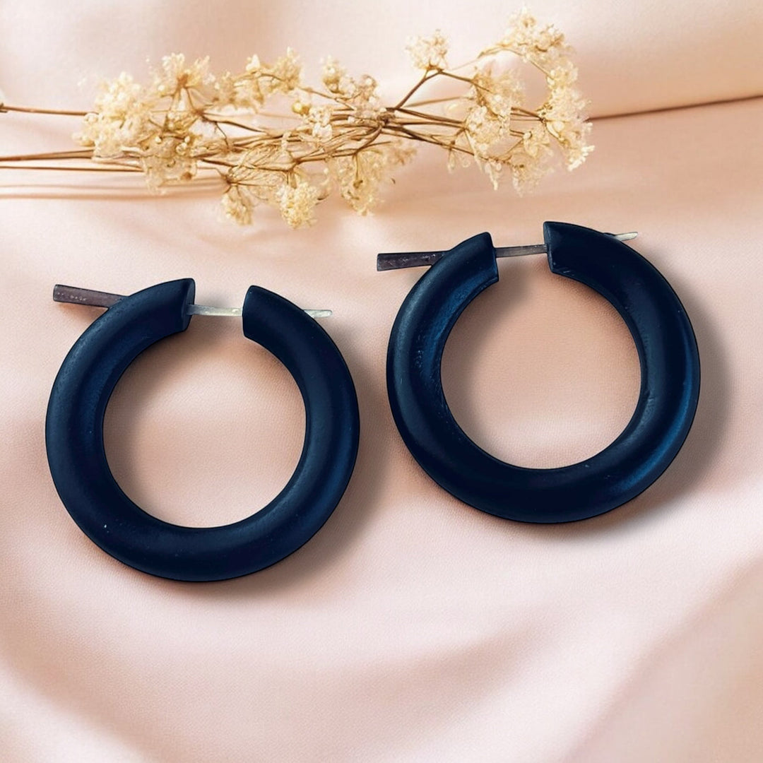 Black Wooden Hoop Earrings Boho Minimalist Lightweight Round Everyday Jewelry