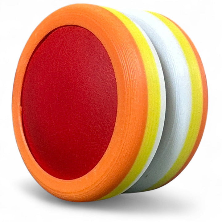 Pride Moons stacked circular discs with rainbow outer rings and red center window