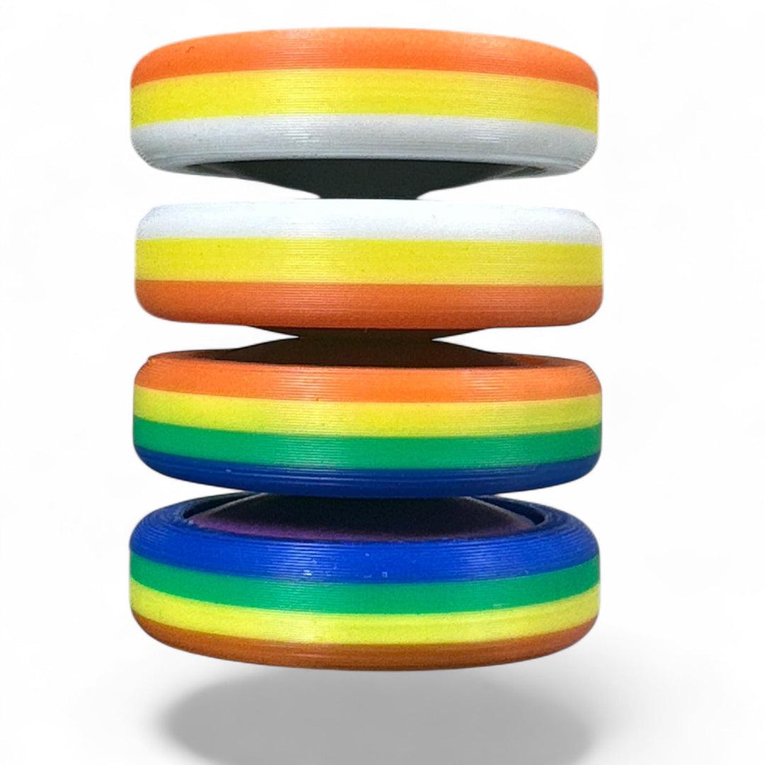 Pride Moons set of stacked rainbow circular discs, side view