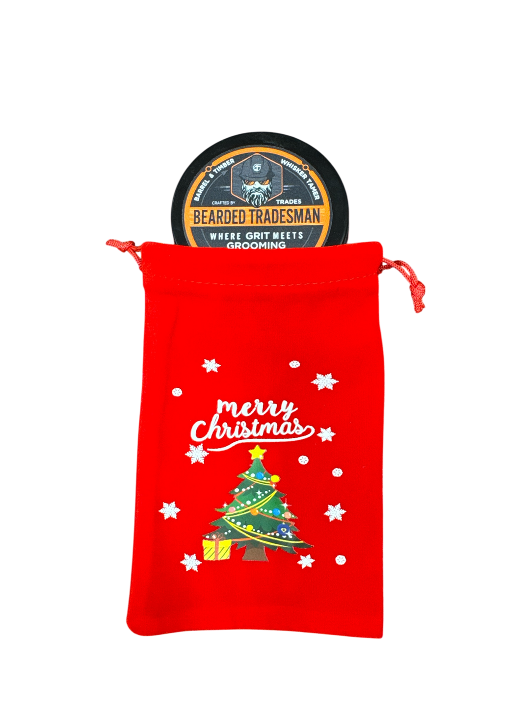 Red GRIT drawstring gift bag with circular logo and “Merry Christmas” tree print