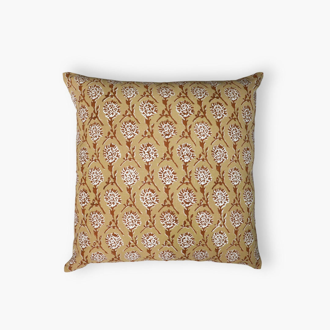 Linen throw pillow cover in chai brown with repeating white floral medallion pattern