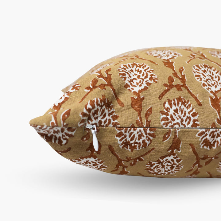 Linen throw pillow cover corner with chai brown and white floral medallion print