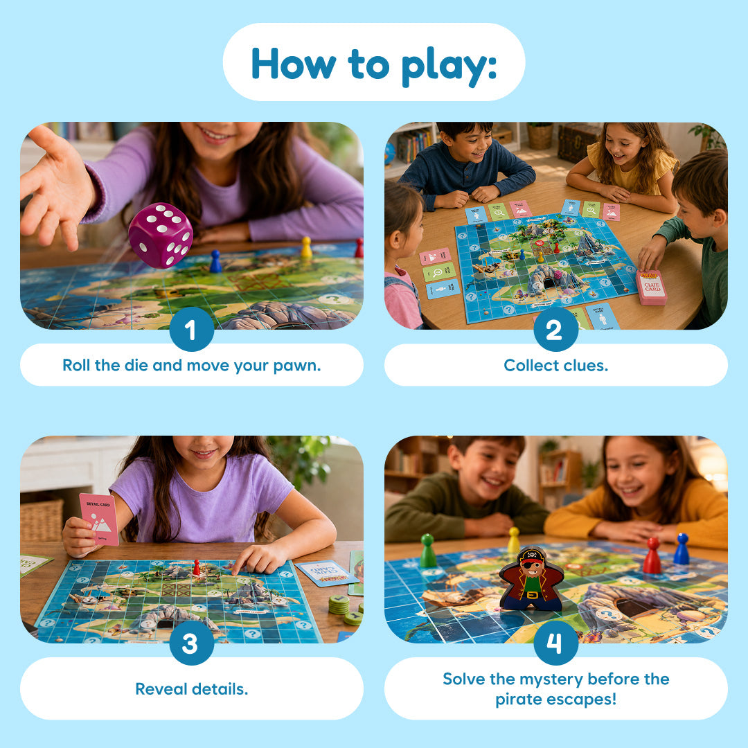 Kids playing a pirate board game on a colorful game board
