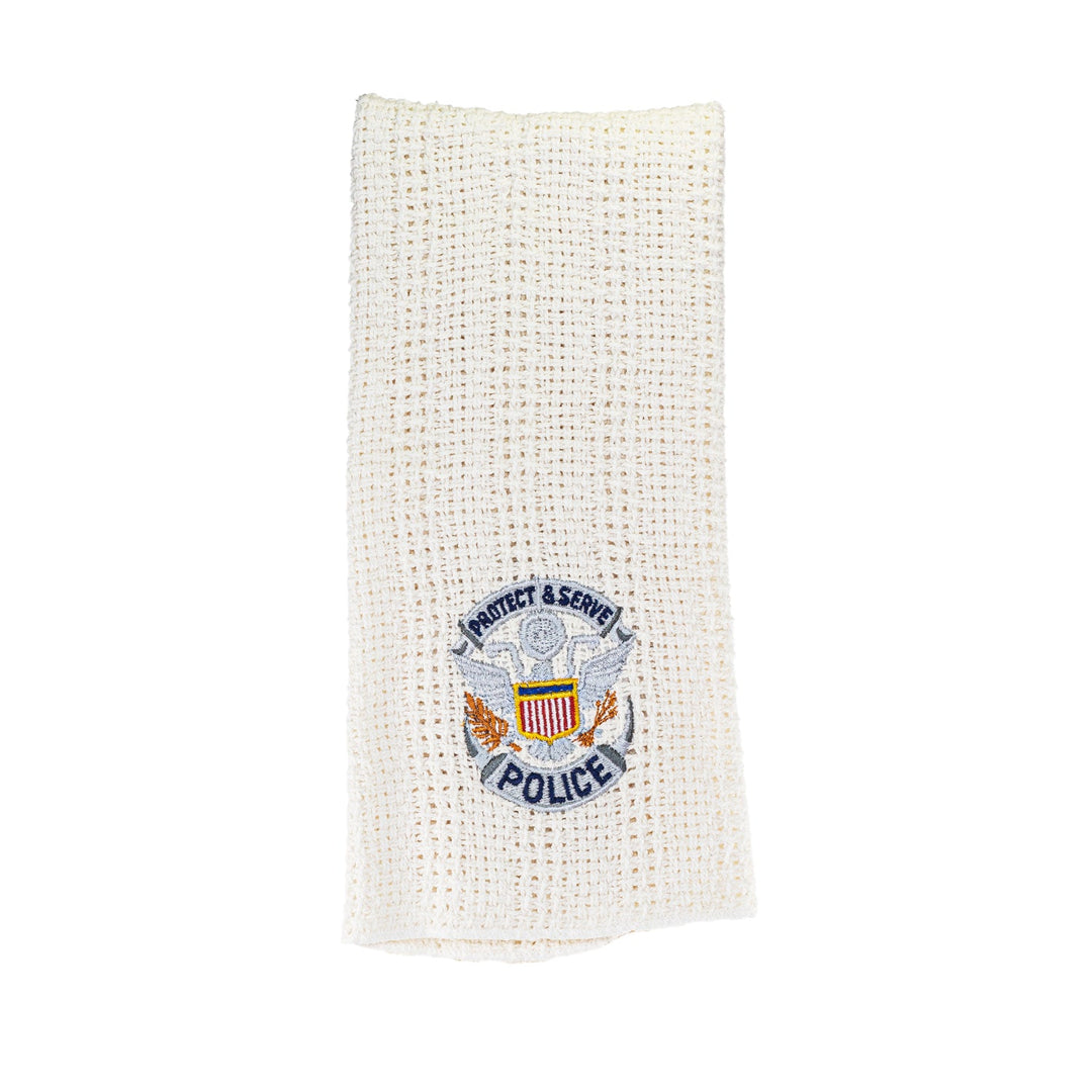 Cream cotton kitchen towel with embroidered Police badge emblem