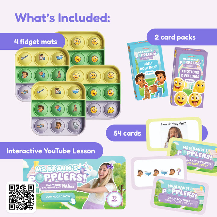 Popplers game box contents showing bubble tray, 4 fidget mats, and 54 emotion cards