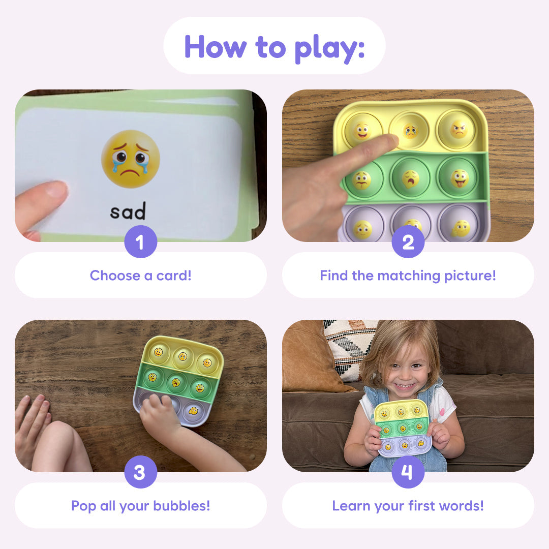 Popplers matching game steps with emotion picture cards and bubble tray