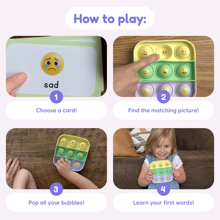 Popplers matching game steps with emotion picture cards and bubble tray