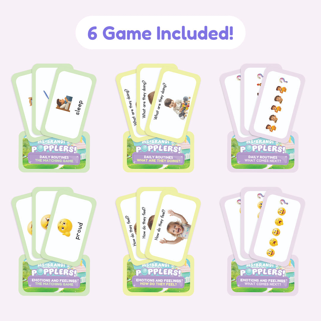 Popplers emotion matching card packs showing 6 game variations