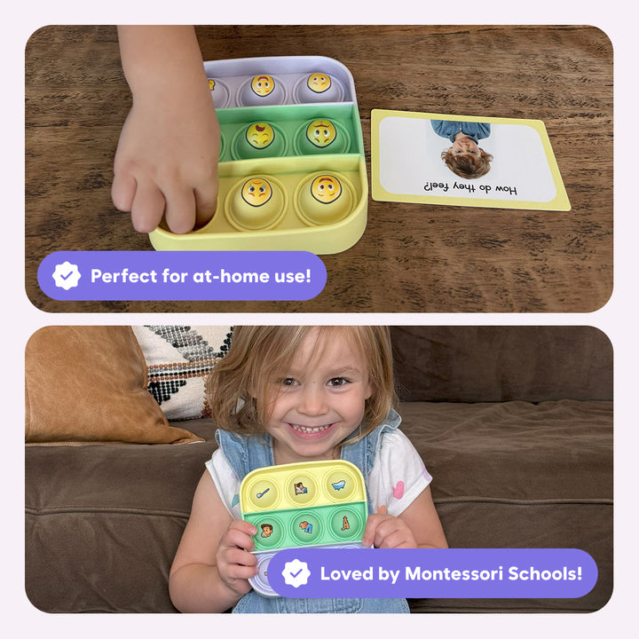 Popplers bubble tray emotion game in use with child holding the card tray