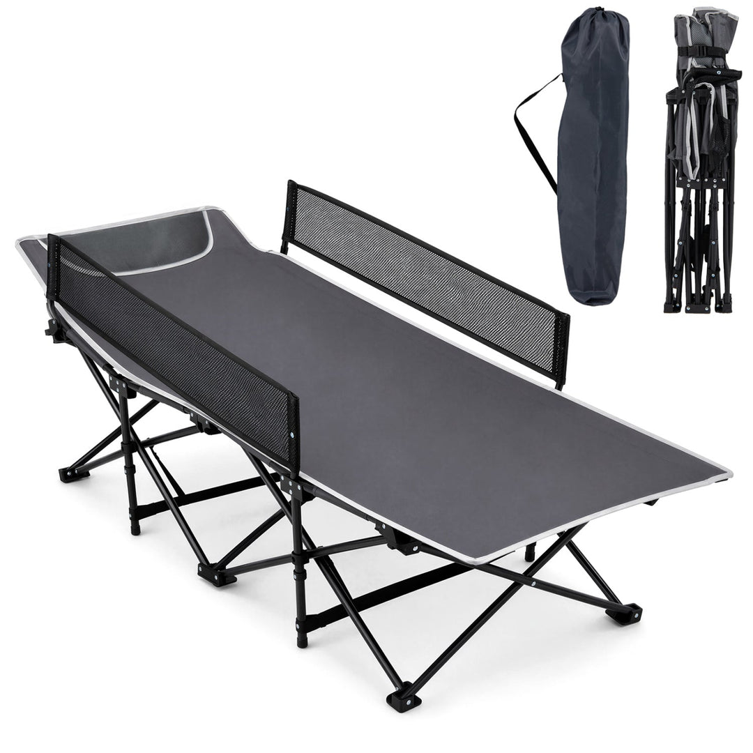 Navy folding camping cot with mesh side rails and guardrail, with carry bag