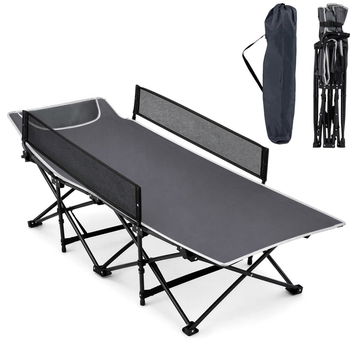 Navy folding camping cot with mesh side rails and guardrail, with carry bag