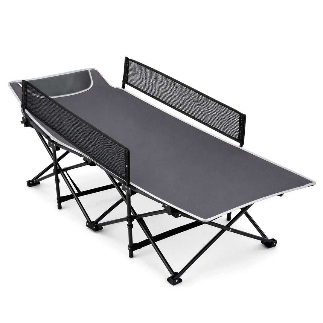 Dark gray folding camping cot with mesh side rails and raised guardrail