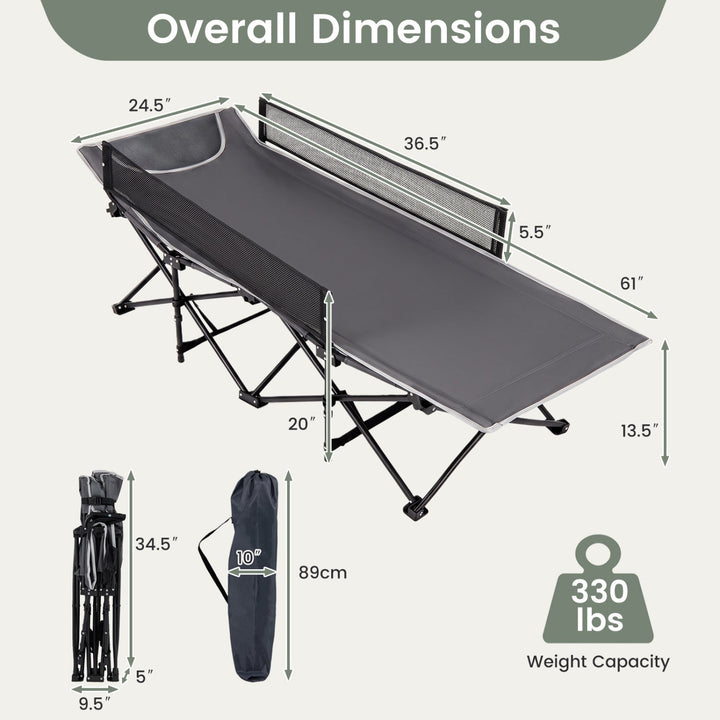Dark gray folding camping cot with guardrail and mesh side rails, with carry bag