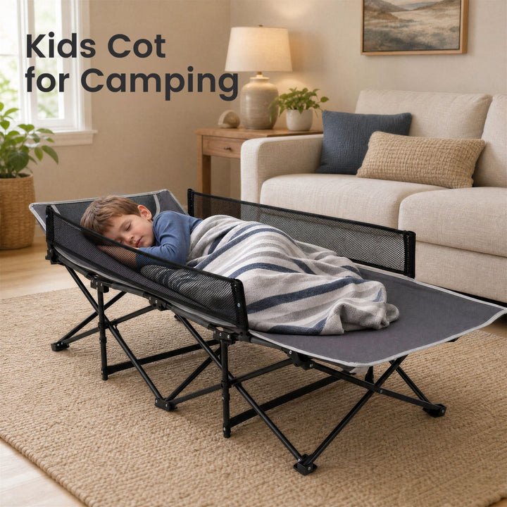 Dark gray folding kids camping cot with guardrail and mesh side rails