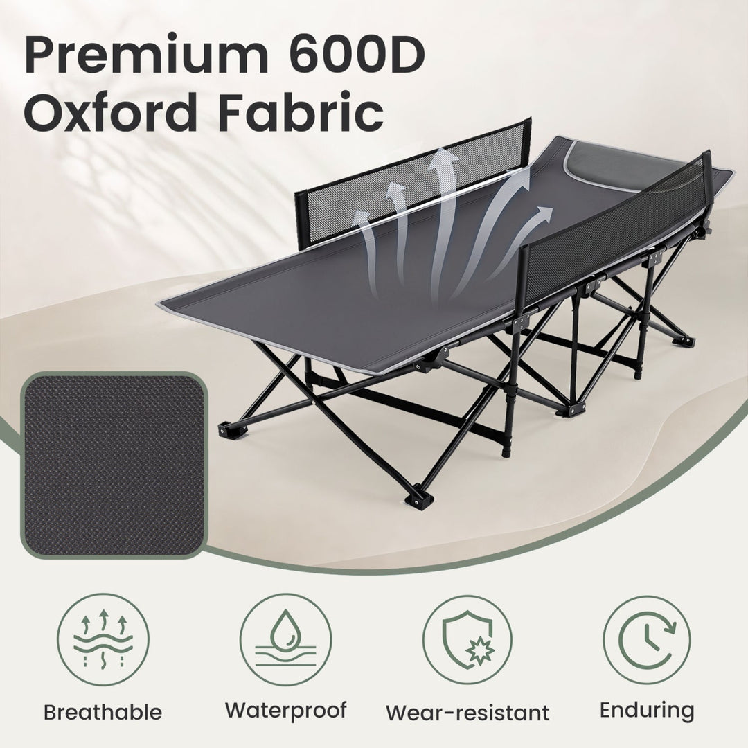 Dark gray folding camping cot with raised guardrail and mesh side panel