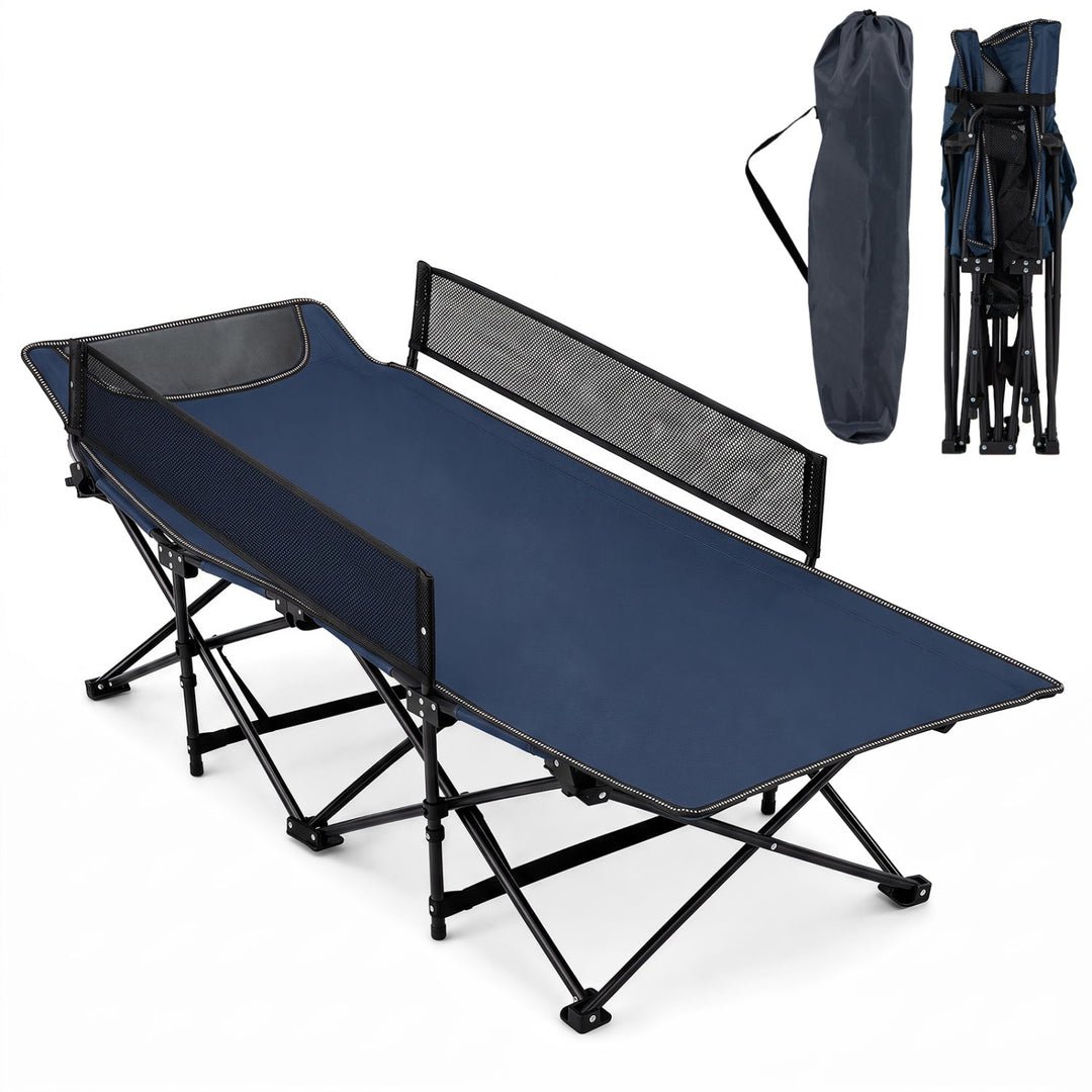 Navy folding camping cot with padded headrest and mesh guardrail; includes carry bag