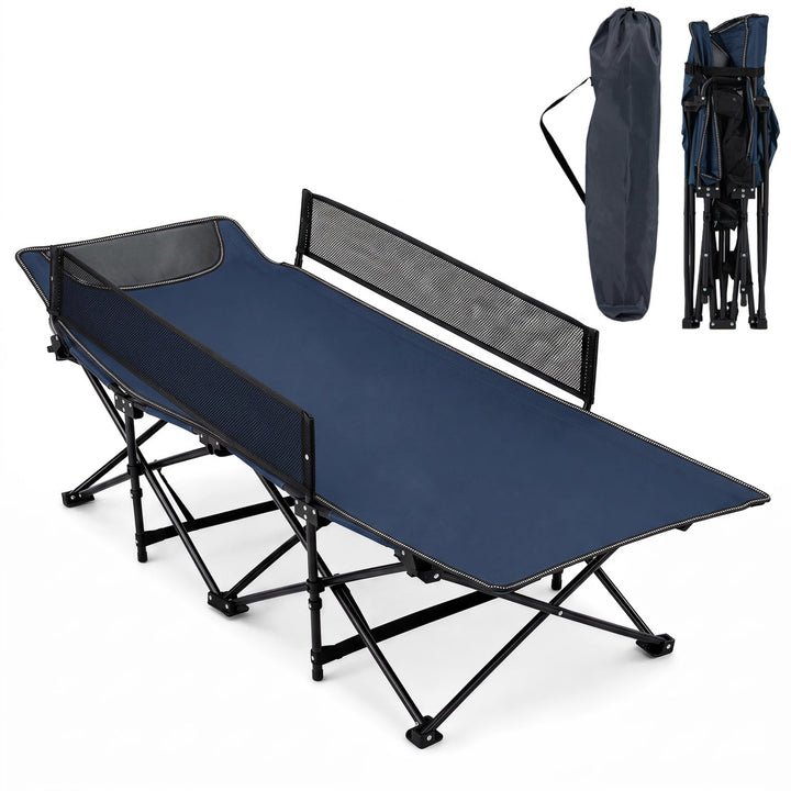 Navy folding camping cot with padded headrest and mesh guardrail; includes carry bag
