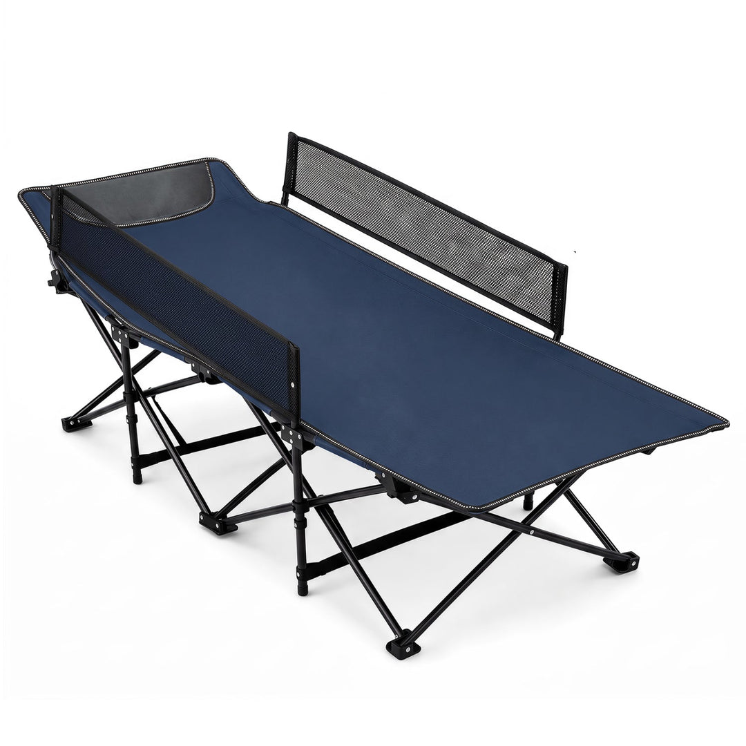 Navy folding camping cot with padded headrest and mesh guardrail, black metal frame