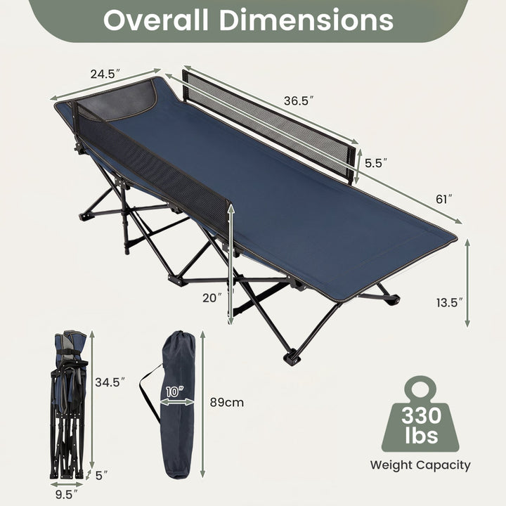 Navy folding camping cot with guardrail and padded headrest; storage bag shown