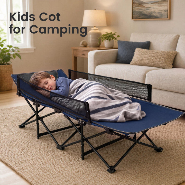 Navy folding camping cot with padded headrest and mesh side rails for kids