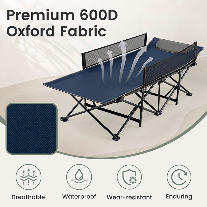 Navy folding camping cot with guardrail and padded headrest; mesh panel airflow