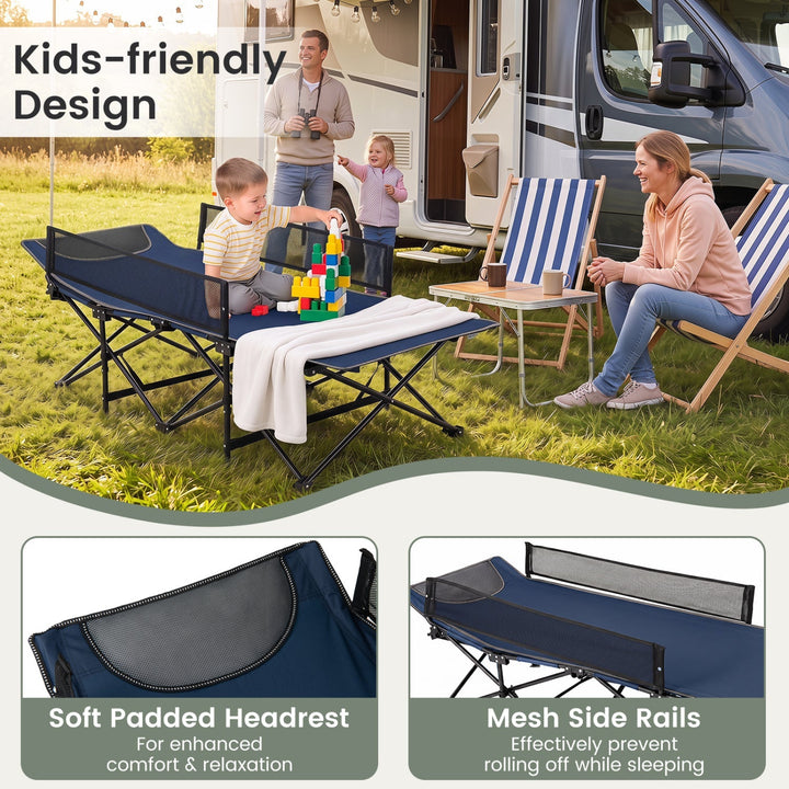 Navy folding camping cot with soft padded headrest and mesh side rails