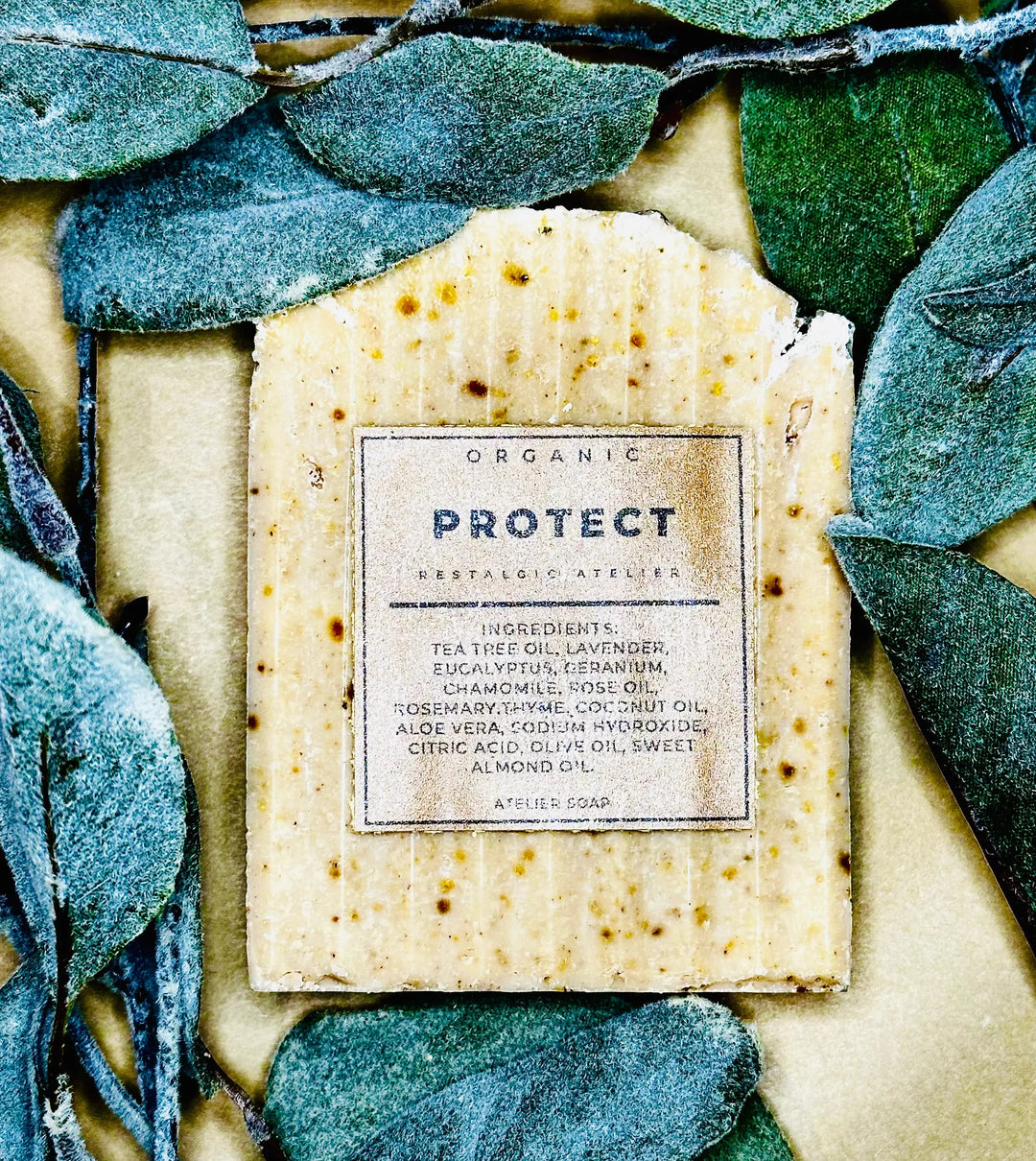 Organic Protect bar soap with printed label, cream bar with speckles