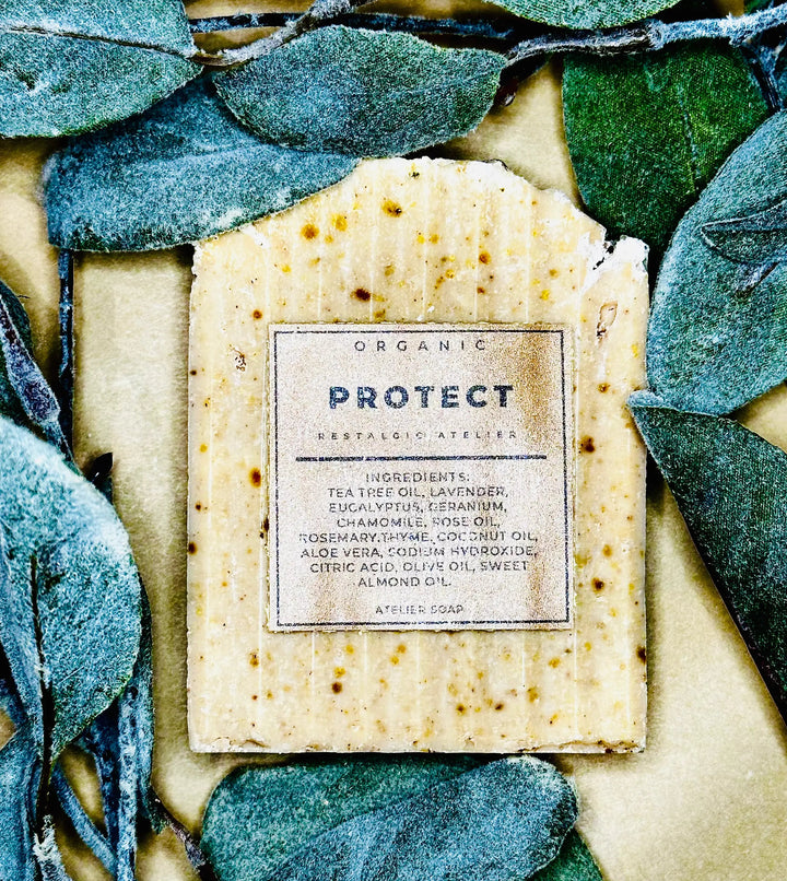 Organic Protect bar soap with printed label, cream bar with speckles