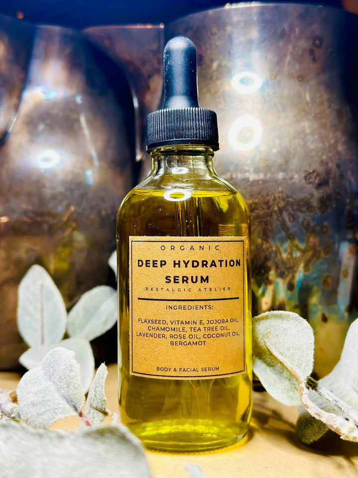 Organic deep hydration serum bottle with dropper, amber glass, labeled ingredients