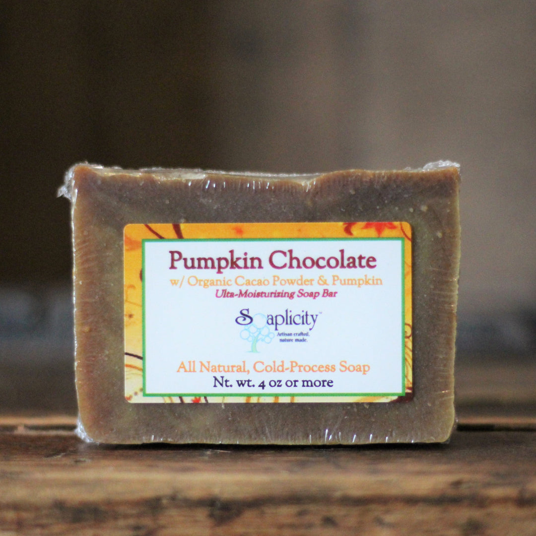 Pumpkin Chocolate soap bar with green-and-white label, all natural cold-process