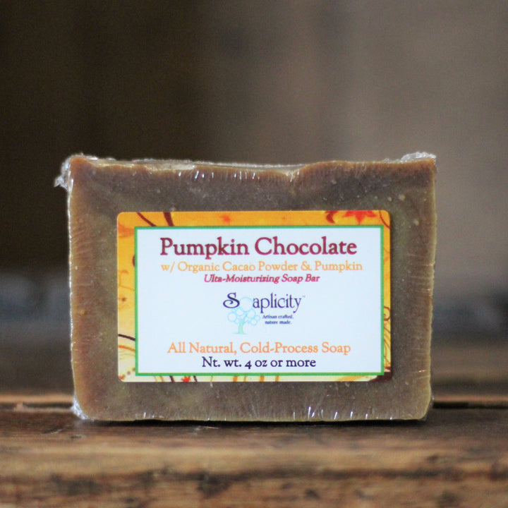 Pumpkin Chocolate soap bar with green-and-white label, all natural cold-process