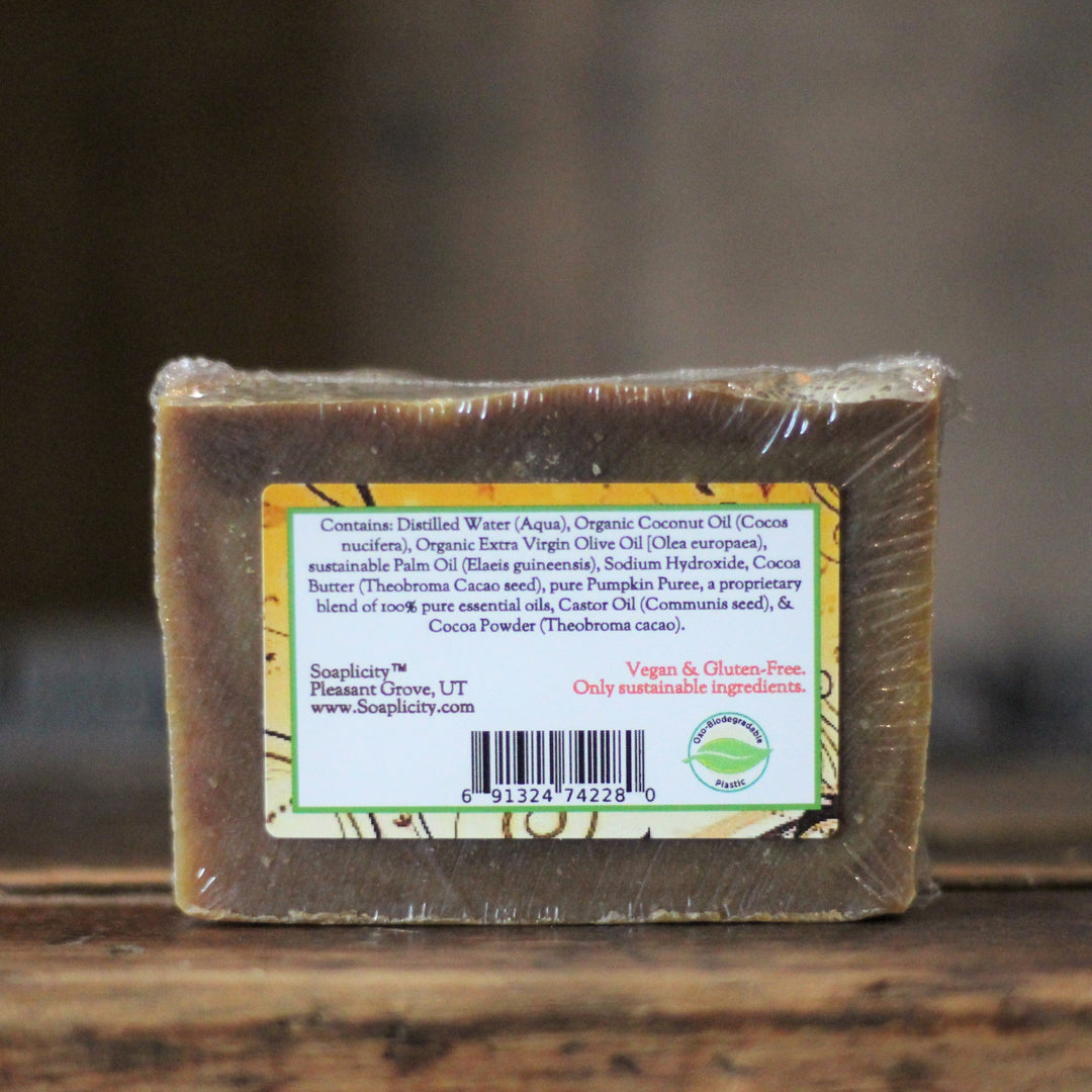 Soap bar with back ingredient label, vegan and gluten-free notes